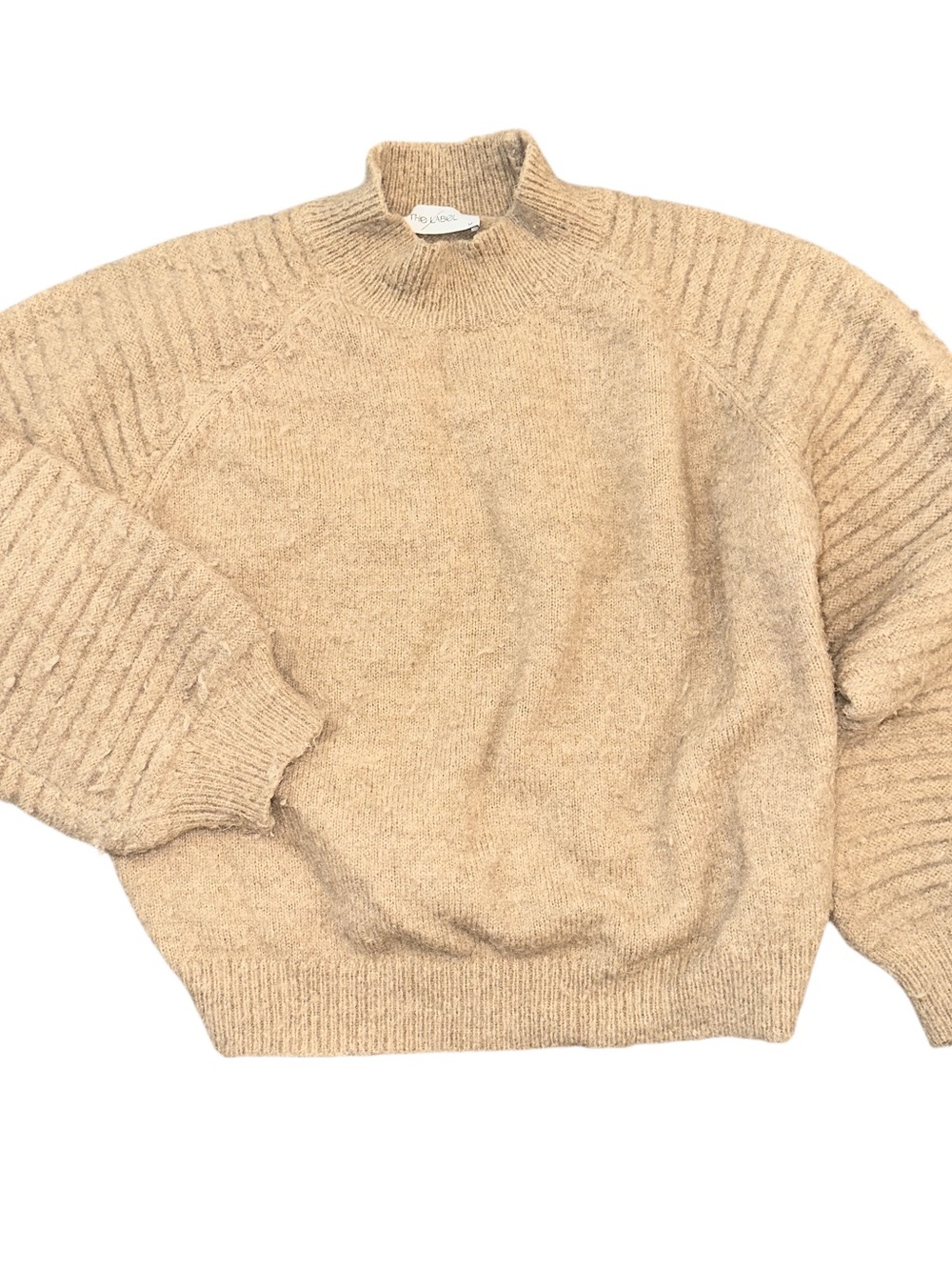THE LABEL NY Fuzzy Mock Neck Balloon Sleeve Sweater Neutral Oatmeal Beige Medium